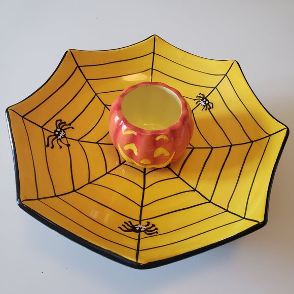 Halloween Pumpkin Spider Web Candy Dish / Chips & Dip Vintage Dennis East Decor - Picture 8 of 8